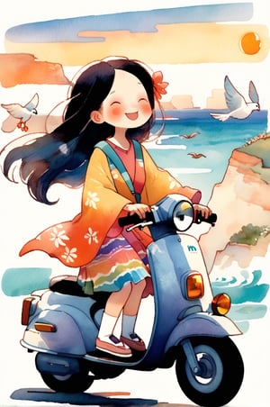 A girl riding a scooter, with long flowing hair flying behind her, a big smile on her face, wearing a colorful sundress, cruising down a winding coastal road overlooking the ocean, surrounded by cliffs and seagulls, the sun setting in the background, capturing a sense of freedom and adventure, in a vibrant and joyful scene, painted in a dreamy watercolor style