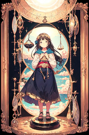 A little girl holding a set of libra scales, known as a "bilanciae," representing justice and balance. Soft, diffused lighting accentuates the weight of the scales in her hands, capturing the solemnity and responsibility associated with the symbol,cloudstick