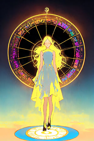 A girl standing on a circle plane, surrounded by irrational numbers π, wearing a flowing dress made of mathematical equations, her hair floating in midair, with a serene expression, the plane covered in glowing equations and symbols, creating an ethereal and surreal atmosphere, captured in a dreamlike painting style with vibrant colors and soft edges. ,1 girl