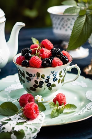a bowl of mixed berries, including raspberries, blackberries, and blueberries, arranged in a delicate pattern on a vintage porcelain plate, surrounded by green mint leaves, placed on a lace tablecloth in a charming garden tea party setting, with dainty teacups and saucers, blooming flowers in the background, creating a whimsical and elegant atmosphere, focusing on the rich hues and intricate details of each berry