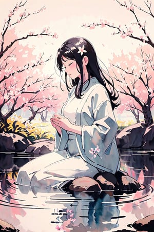 A female philosopher is meditating in a serene garden, surrounded by blooming cherry blossom trees, a gentle breeze rustling the leaves, with a tranquil koi pond reflecting the soft sunlight, creating a peaceful and introspective atmosphere, captured in a watercolor painting style with soft pastel colors and ethereal brushstrokes.,wtrcolor style,CrclWc,Spring,flower,1girl