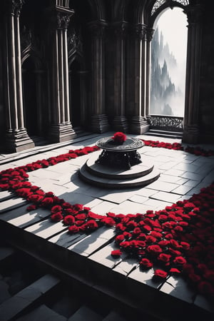   a red rose lay flat on an empty throne, , Daylight, Low angle perspective, Made of stone, Drone camera, Cooling filter, Fantasy scene,LegendDarkFantasy