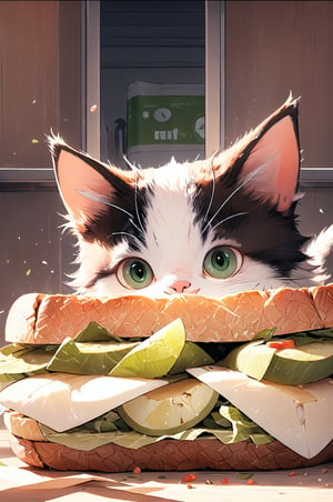 a cat lounging between two halves of a beef sandwich, mesmerizing green eyes peering over the sandwich, whiskers gently brushing against the bread