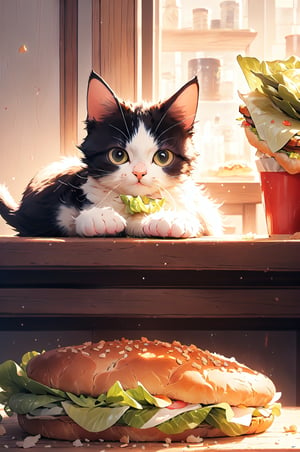 a cat lying comfortably between two halves of a chicken sandwich, fluffy fur blending with the soft bread, relaxed posture, surrounded by crumbs and lettuce, indoors on a wooden table, with a hint of afternoon sunlight, composition focused on the cat’s content expression