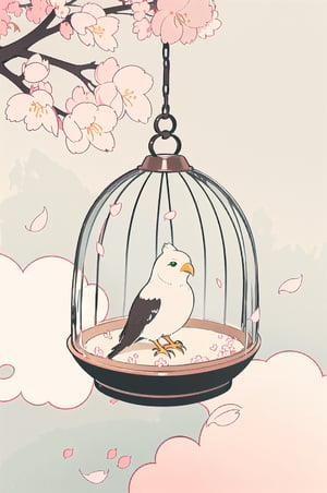A nightingale inside an open birdcage, the cage suspended from a blooming cherry blossom tree in a tranquil garden, vibrant hues of pink petals and green leaves creating a serene backdrop, gentle wind rustling the leaves and carrying the bird’s song into the distance, a sense of peace and harmony prevailing in the scene, captured in a traditional Japanese ink painting style, emphasizing fluid lines and minimalist beauty. ,J ONI,McDonaldsAdArtStyle