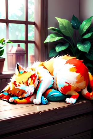 living room background,sleeping orange and white cat , 2D style,