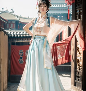 (happy laugh:0.7),A beautiful female college student with big, expressive eyes, touched face, surreal, other focus, lively and vibrant, possessing a great temperament and a charming long haircut, A girl in the wild, Standing on ground, girls, soft color,Realism, ancient chinese palace,Ancient Chinese silk sleeveless,silk shawl,褶裙 pleated shan skirt   shan 