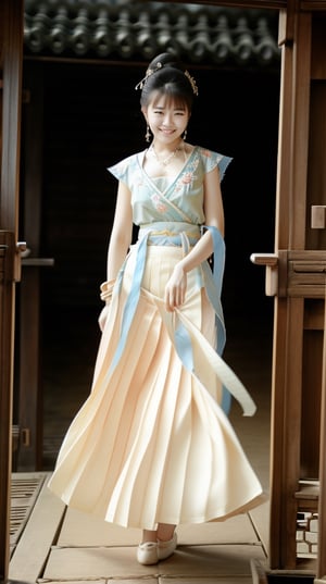 (happy laugh:0.7),A beautiful female college student with big, expressive eyes, touched face, surreal, other focus, lively and vibrant, possessing a great temperament and a charming long haircut, A girl in the wild, Standing on ground, girls, soft color,Realism, ancient chinese palace,Ancient Chinese silk sleeveless,silk shawl,褶裙 pleated shan skirt   shan 