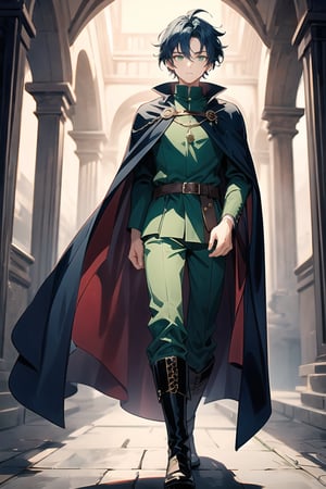 young man, tall, with dark blue hair, green eyes, red cape, black pants, green shirt, medieval boots