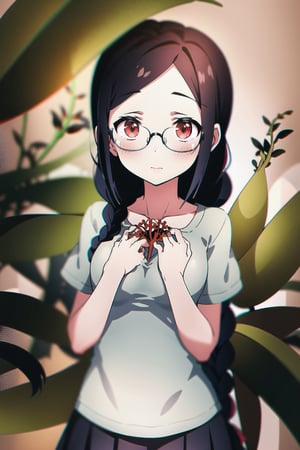 A shy high school girl with glasses and black braided hair was holding a red spider lily in front of her chest