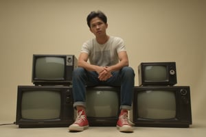 high-resolution photograph of a guy, wearing casual clothes and red converse sneakers, (sits on top of a stack of vintage televisions), old CRT televisions, contemporary, retro, minimalism, warm earthy tones, neutral background, soft diffused lighting, gentle shadows, 50mm lens, grain effect, dreamy nostalgic vibe, (masterpiece, best quality, ultra detailed:1.3), detailed photograpghy,csrlds,Hollywood Cinematic Film style,epic photography,dramatic light,Kodak film style,DarkAtmosCE style