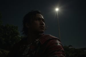 Stunning photorealistic illustration of Japanese male warrior in traditional japanese samurai red leather armour, silhouetted against the night sky, chiascuro, directional lighting hitting the side of his face,csrlds,Hollywood Cinematic Film style,epic photography,dramatic light,Kodak film style,DarkAtmosCE style,cartoon,anime,manga,drawing