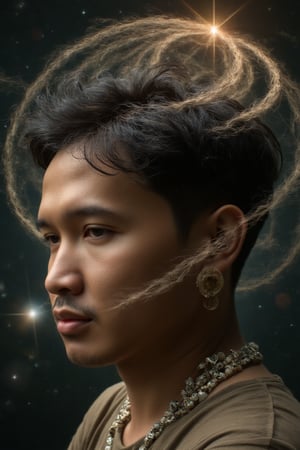 a detailed image of a man with dark hair and beads, his hair blending seamlessly into a spiraling, fractal-like pattern with detailed skin and detailed skin pores The background glows with star-like particles, giving the impression that he is weaving the cosmos itself with his hair.,csrlds,Hollywood Cinematic Film style,epic photography,dramatic light,Kodak film style,DarkAtmosCE style