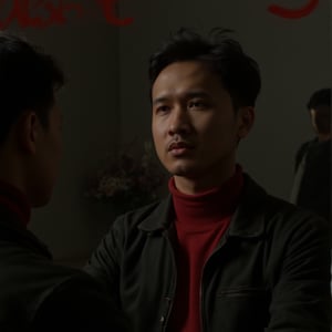 Prompt: Guy looking Angry in the mirror smudges make up, could see his own reflection, wearing red thick knitting turtle neck shirt, black leather jacket, dark room, red light, and in bright red lip stick was written on the mirror JRR handwriting "CsART",cip4rf,DarkAtmosCE style,csrlds,Hollywood Cinematic Film style,epic photography,dramatic light,Kodak film style