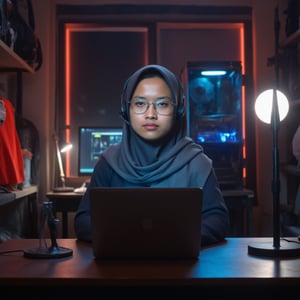 A physically 23 year character sitting onthe table wearing hoodie hijab, glasses and headset, face is not showing it is covered under hoodie, it is a gaming room, sitting straight seeing front , a long standing mic on the table, a very high quality futuristic PC behind the scene with a large screen, laptop in front of the character on the table,cip4rf,csrlds,Hollywood Cinematic Film style,epic photography,dramatic light,Kodak film style,DarkAtmosCE style,ysri