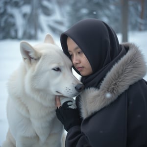 highly detailed cinematic scene, A tender scene of a woman embracing a large white wolf in a snowy landscape. The woman, with hijab, and a fur cloak hood partially obscuring her face, exudes affection as she holds the peaceful wolf. both of their eyes are closed. The wolf's eyes are closed, its soft, fluffy fur intricately detailed. Snowflakes gently fall in the blurred, wintry background. The manâs dark, rugged cloak contrasts with the bright white of the wolf and snow, while his gloved hands complete the sense of warmth and companionship in the cold, serene atmosphere. Cool tones of white, blue, and grey dominate, ,ysri,Hollywood Cinematic Film style,epic photography,dramatic light,Kodak film style