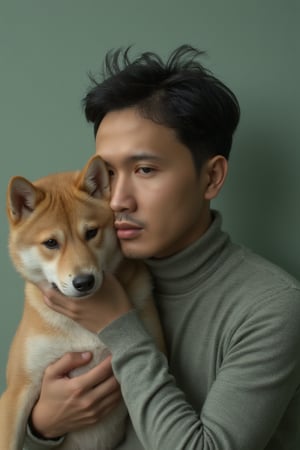 a guy, a guy with a short hair, looking forward, holding a shiba inu close to he face, creating a captivating and unusual visual pairing. The guy’s intense, light-colored gaze of the dog, emphasizing a deep connection between the two. he is weared in a soft, thick knitting turtle neck shirt . The background is a muted pastel green, which contrasts with the cool tones of the dog’s skin and the guy’s outfit, making the subjects stand out. The overall mood of the image is both mysterious and elegant, with a futuristic edge, highlighting the unique handsome of both the guy. The composition and the way the guy gently cradles the dog suggest a sense of calm and intimacy, while the unusual pairing adds a surreal and otherworldly quality to the image.,cip4rf,Hollywood Cinematic Film style,epic photography,dramatic light,Kodak film style,csrlds,DarkAtmosCE style