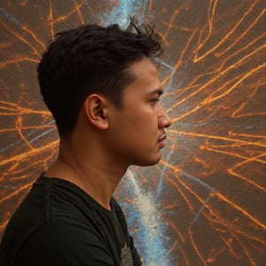 The image depicts a man in profile, facing to the left. he has dark hair styled with strands gently swept back and adorned by what appears to be delicate wire-like elements that resemble tiny glowing points of light or fibers, creating an ethereal effect around his head. The lighting on his face is warm and golden, highlighting one side while casting gentle shadows across the other.
The background features a complex network of lines in various shades of orange and blue, suggesting connections or pathways that intertwine to create a vibrant tapestry behind his figure. These lines give an impression of movement and energy radiating outward from both sides as if he were at the center of some dynamic force field or perhaps interacting with it.
The overall style of the image is reminiscent of digital art with its polished, almost otherworldly quality. The use of color contrasts between warm tones on his face and cooler hues in the background adds depth to the composition while maintaining a harmonious balance throughout the scene.
