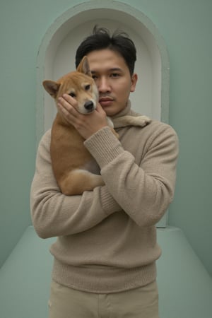 a guy, a guy with a short hair, looking forward, holding a shiba inu close to he face, creating a captivating and unusual visual pairing. The guy’s intense, light-colored gaze of the dog, emphasizing a deep connection between the two. he is weared in a soft, thick knitting turtle neck shirt . The background is a muted pastel green, which contrasts with the cool tones of the dog’s skin and the guy’s outfit, making the subjects stand out. The overall mood of the image is both mysterious and elegant, with a futuristic edge, highlighting the unique handsome of both the guy. The composition and the way the guy gently cradles the dog suggest a sense of calm and intimacy, while the unusual pairing adds a surreal and otherworldly quality to the image.,cip4rf,Hollywood Cinematic Film style,epic photography,dramatic light,Kodak film style,csrlds,DarkAtmosCE style