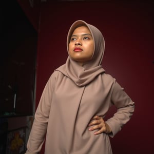 a personable Indonesian woman wearing hijab and she wears bold red lipstick and powerful eyeshadow, she looks very serious, she is wearing luminescence cream color outfit, the background is dominated by dark red color, low angle lighting, hand on hip pose, hijab_selfie, hijab, masterpiece, best quality, highly intricate details.,ysri,Hollywood Cinematic Film style,epic photography,dramatic light,Kodak film style