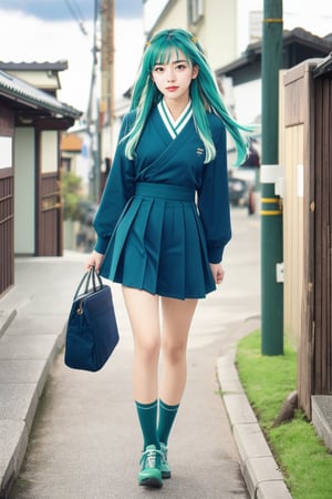 17-year-old Japanese female high school student in the 1990s , brown eyes , smiling , nice body,
masterpiece, best quality, ultra-detailed,1girl,outdoor,photorealistic,8k wallpaper, (extremely detailed, 8k, UHD),((Long blue-green hair)), perfect anatomy, oni horns,full-body shot, Japanese high school student handbag, fly in the sky,Japanese high school girls dark blue sailor uniform