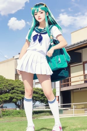 17-year-old Japanese female high school student in the 1990s , brown eyes , smiling , nice body,
masterpiece, best quality, ultra-detailed,1girl,outdoor,photorealistic,8k wallpaper, (extremely detailed, 8k, UHD),((Long blue-green hair)), perfect anatomy, oni horns,full-body shot, Japanese high school student handbag, fly in the sky, (Japanese high school girls sailor uniform)