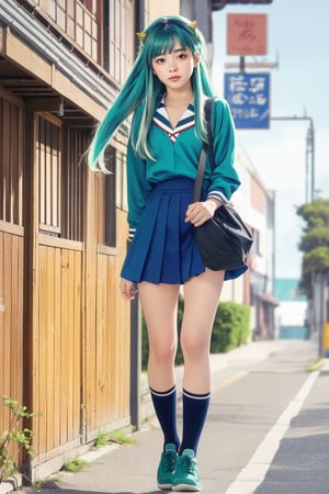 17-year-old Japanese female high school student in the 1990s , brown eyes , smiling , nice body,
masterpiece, best quality, ultra-detailed,1girl,outdoor,photorealistic,8k wallpaper, (extremely detailed, 8k, UHD),((Long blue-green hair)), perfect anatomy, oni horns,full-body shot, Japanese high school student handbag, fly in the sky,Japanese high school girls dark blue sailor uniform