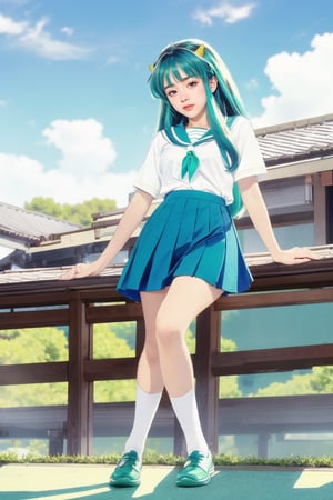 17-year-old Japanese female high school student in the 1990s , brown eyes , smiling , nice body,
masterpiece, best quality, ultra-detailed,1girl,outdoor,photorealistic,8k wallpaper, (extremely detailed, 8k, UHD),((Long blue-green hair)), perfect anatomy, oni horns,full-body shot, Japanese high school student handbag, fly in the sky, (Japanese high school girls sailor uniform)