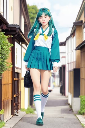 17-year-old Japanese female high school student in the 1990s , brown eyes , smiling , nice body,
masterpiece, best quality, ultra-detailed,1girl,outdoor,photorealistic,8k wallpaper, (extremely detailed, 8k, UHD),((Long blue-green hair)), perfect anatomy, oni horns,full-body shot, Japanese high school student handbag, fly in the sky,Japanese high school girls' sailor uniforms in the 1990s