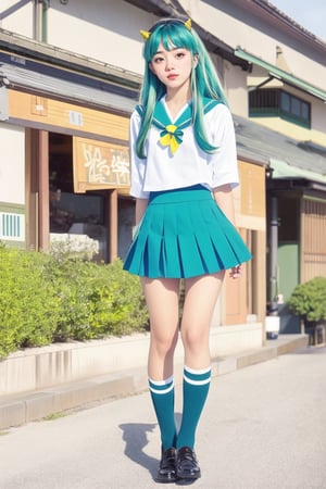 17-year-old Japanese female high school student in the 1990s , brown eyes , smiling , nice body,
masterpiece, best quality, ultra-detailed,1girl,outdoor,photorealistic,8k wallpaper, (extremely detailed, 8k, UHD),((Long blue-green hair)), perfect anatomy, oni horns,full-body shot, Japanese high school student handbag, fly in the sky, (Japanese high school girls sailor uniform)