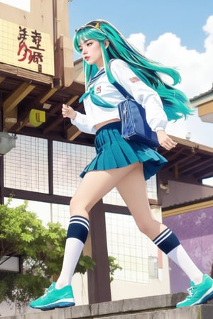 17-year-old Japanese female high school student in the 1990s , brown eyes , smiling , nice body,
masterpiece, best quality, ultra-detailed,1girl,outdoor,photorealistic,8k wallpaper, (extremely detailed, 8k, UHD),((Long blue-green hair)), perfect anatomy, oni horns,full-body shot, Japanese high school student handbag, fly in the sky, (Japanese high school girls sailor uniform)