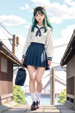 17-year-old Japanese female high school student in the 1990s , brown eyes , smiling , nice body,
masterpiece, best quality, ultra-detailed,1girl,outdoor,photorealistic,8k wallpaper, (extremely detailed, 8k, UHD),Long blue-green highlighted hair, perfect anatomy, oni horns,full-body shot, Japanese high school student handbag, fly in the sky,Japanese high school girls' sailor uniforms in the 1990s