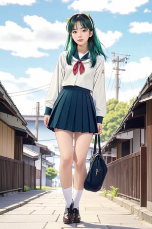 17-year-old Japanese female high school student in the 1990s , brown eyes , smiling , nice body,
masterpiece, best quality, ultra-detailed,1girl,outdoor,photorealistic,8k wallpaper, (extremely detailed, 8k, UHD),Long blue-green highlighted hair, perfect anatomy, oni horns,full-body shot, Japanese high school student handbag, fly in the sky,Japanese high school girls' sailor uniforms in the 1990s