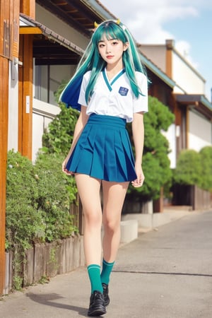 17-year-old Japanese female high school student in the 1990s , brown eyes , smiling , nice body,
masterpiece, best quality, ultra-detailed,1girl,outdoor,photorealistic,8k wallpaper, (extremely detailed, 8k, UHD),((Long blue-green hair)), perfect anatomy, oni horns,full-body shot, Japanese high school student handbag, fly in the sky,Japanese high school girls dark blue sailor uniform