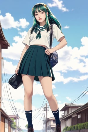 17-year-old Japanese female high school student in the 1990s , brown eyes , smiling , nice body,
masterpiece, best quality, ultra-detailed,1girl,outdoor,photorealistic,8k wallpaper, (extremely detailed, 8k, UHD),((Long blue-green hair)), perfect anatomy, short oni horns,full-body shot, Japanese high school student handbag, fly in the sky,Japanese high school girls' sailor uniforms in the 1990s