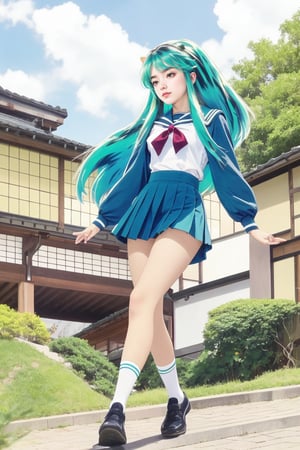 17-year-old Japanese female high school student in the 1990s , brown eyes , smiling , nice body,
masterpiece, best quality, ultra-detailed,1girl,outdoor,photorealistic,8k wallpaper, (extremely detailed, 8k, UHD),((Long blue-green hair)), perfect anatomy, oni horns,full-body shot, Japanese high school student handbag, fly in the sky, (Japanese high school girls sailor uniform)