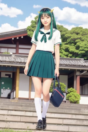 17-year-old Japanese female high school student in the 1990s , brown eyes , smiling , nice body,
masterpiece, best quality, ultra-detailed,1girl,outdoor,photorealistic,8k wallpaper, (extremely detailed, 8k, UHD),((Long blue-green hair)), perfect anatomy, oni horns,full-body shot, Japanese high school student handbag, (((fly in the sky))),Japanese high school girls' sailor uniforms in the 1990s