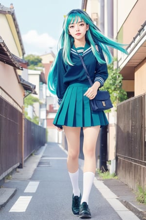 17-year-old Japanese female high school student in the 1990s , brown eyes , smiling , nice body,
masterpiece, best quality, ultra-detailed,1girl,outdoor,photorealistic,8k wallpaper, (extremely detailed, 8k, UHD),((Long blue-green hair)), perfect anatomy, oni horns,full-body shot, Japanese high school student handbag, fly in the sky,Japanese high school girls dark blue sailor uniform