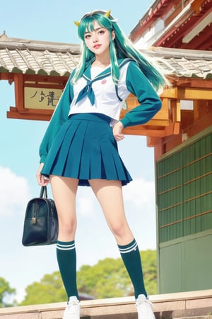 17-year-old Japanese female high school student in the 1990s , brown eyes , smiling , nice body,
masterpiece, best quality, ultra-detailed,1girl,outdoor,photorealistic,8k wallpaper, (extremely detailed, 8k, UHD),((Long blue-green hair)), perfect anatomy, oni horns,full-body shot, Japanese high school student handbag, fly in the sky, (Japanese high school girls sailor uniform)