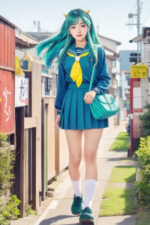 17-year-old Japanese female high school student in the 1990s , brown eyes , smiling , nice body,
masterpiece, best quality, ultra-detailed,1girl,outdoor,photorealistic,8k wallpaper, (extremely detailed, 8k, UHD),((Long blue-green hair)), perfect anatomy, oni horns,full-body shot, Japanese high school student handbag, fly in the sky, (Japanese high school girls sailor uniform)