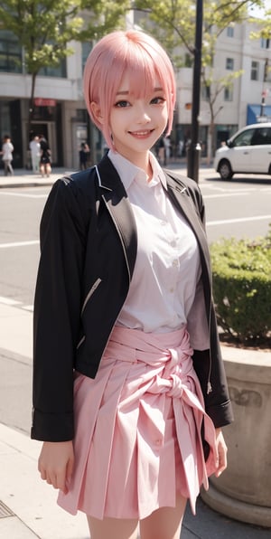 masterpiece, best quality, highres, aaichika, short hair,pink hair, white shirt, collared shirt, black jacket, blazer, open jacket, long sleeves, clothes around waist, green skirt, pleated skirt, , cowboy shot, standing, outdoors, smile to viewer,Bomi