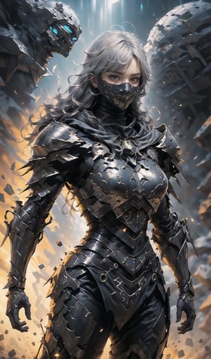 armored girl, grey hood and cape, background dark space battlefield, heavy rain, light silver short hair, blue glowing beautiful eyes, cowboy_shot, blue glowing lined simple armor plate, dark environment, high detailed face, Advance mask, intense war,nodf_lora