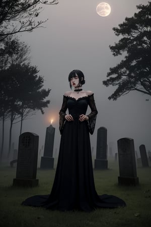 18-year-old Japanese girl with pale skin, shoulder-length straight black hair with blunt bangs, dark smoky eye makeup and black lipstick, she is dressed in a long black lace dress with flowing sleeves and a cinched waist, adorned with silver chains and a spiked choker, she kneels in front of an ancient tombstone in a foggy gothic cemetery, her back is partially turned to the camera as she places a black candle on the ground, surrounding her are old, weathered gravestones and twisted, leafless trees, the ground is covered in mist and scattered dead leaves, the moonlight casts long shadows, creating a mysterious and eerie atmosphere, perfect for a gothic punk ritual.