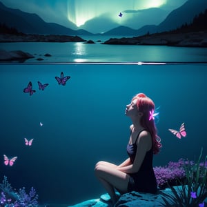 (girl sitting surrounded by bioluminescent butterflies by Loish, glowing), clear blue water, colorful vibrant atmosphere, extreme detailed, highest detailed, dreamscape