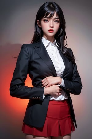 1girl, solo, long hair, breasts, looking at viewer, bangs, skirt, large breasts, shirt, black hair, red eyes, school uniform, jacket, white shirt, pantyhose, red heels, collared shirt, blunt bangs, lips, crossed arms, blazer, red background, red jacket, hime cut, red lips, The image is an artistic representation of a character, presented in a stylized manner with sharp lines and vivid colors. The character is depicted wearing a red blazer with black accents over a white shirt with a black tie. The blazer's design includes a lapel and a pocket on the left side. The character has long black hair, red eyes, and a serious expression. There are no background elements to describe as the focus is solely on the character. The image appears to be a digital illustration or a photograph of a figure designed to resemble a character from a story or game. (RAW Photo, Best Quality), (Real, Photo Real: 1.1), Best Quality, Masterpiece, Beauty and Aesthetics, 16K, (HDR: 1.2), High Contrast, (Vivid Colors: 1.3) , (soft colors, dull colors, soothing tones: 1.2), cinematic lighting, ambient light, side lighting, fine details and textures, cinematic lenses, warm colors, (bright and intense: 1.1), wide angle lenses, surreal illustrations, Siena's natural proportions, dynamic posture, precise anatomy of body and hands, four fingers and a thumb,