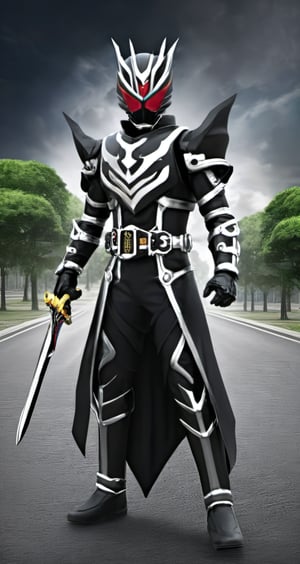 kamen rider style,Mysterious Warrior Kamen Knight, wearing dark armor and holding the Thunder Sword, the embodiment of justice, guarding the peace of the city. Brave and fearless, gallop on the battlefield, crack the evil plot, uncover the veil of truth.