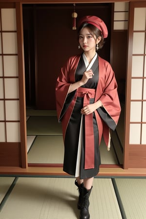 Create an image of a young Japanese woman in Taisho Roman fashion. She's wearing a vibrant kimono with an arrow feather (yagasuri) pattern, paired with a hakama skirt in maroon. Her outfit is accessorized with Western-style boots and a large ribbon in her hair. She's also wearing pearl earrings and a beret hat. The hairstyle should feature finger waves or mimikakushi (ear-hiding style). The background should evoke the atmosphere of 1920s Japan, blending traditional and modern elements.