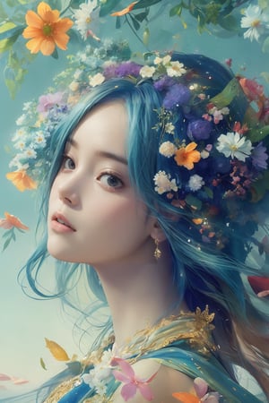 A captivating digital art portrait of a young woman surrounded by a vibrant array of flowers. Her wavy, dark blue hair frames her face, blending seamlessly with the floral elements around her. The flowers, in shades of orange, blue, and white, create a striking contrast against her pale skin. She gazes directly at the viewer with an intense, almost ethereal expression. The intricate details of the petals and leaves intertwine with her hair, giving the impression that she is one with nature. The overall composition is both delicate and dramatic, evoking a sense of mystery and enchantment,