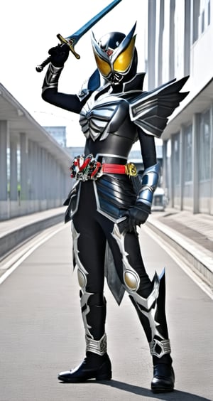 Kamen rider style, (1girl kamen rider style), Mysterious Warrior Kamen Knight, wearing dark armor and holding the Thunder Sword, the embodiment of justice, guarding the peace of the city. Brave and fearless, gallop on the battlefield, crack the evil plot, uncover the veil of truth.,kamen rider style