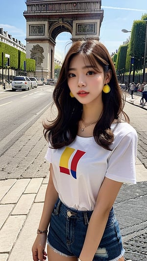 16-year-old Korean woman, long brown hairstyle, simple and fashionable colorful T-shirt and shorts, blue jeans and sneakers, white sneakers, walking on the Arc de Triomphe in France, background, smile, earrings, necklace, 150cm, ( Luan Mei), nice smile,